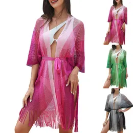 Damesbadmode zomer kleurblokkering mesh cover-up jurk dames doorzichtige kwastjes kiel holle stropdas taille losse strandkleding