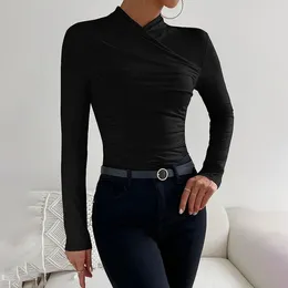 Freizeitkleider Damenmode Elegante Pullover Tops Langarm Stehkragen Rüschen Wickel Slim T-Shirt Clubwear Herbstkleidung Bluse