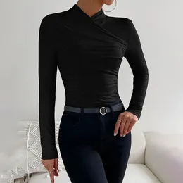 Casual Dresses Women Fashion Elegant Pullovers Topps Lång ärm High Neck Ruched Wrap Slim T-Shirt Clubwear Fall Clothing Blue