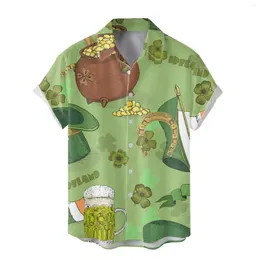 Men's Casual Shirts Mens St. Patricks'S Day Fashion Cartoon Print Short Sleeve Blouse Vintage Green Lapel Button Tops Festival Tunic