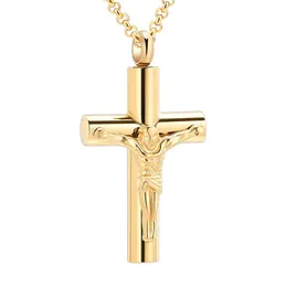 IJD11129 Jesus Cross Ashes Pendant Gold Plating Memorial Urn Casket Högkvalitativ rostfritt stål Cremation Smycken Graverable244G