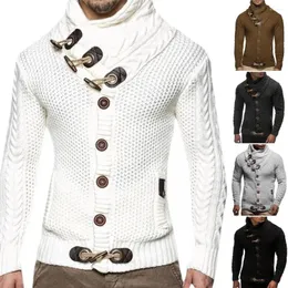 Suéteres masculinos na moda homens camisola lavável slim fit gola alta cardigan botões de chifre grosso básico para ao ar livre