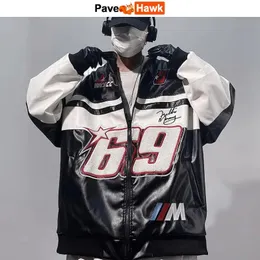 Bombe Pu Jacket Men Flocking Embroidery Leather Y2K Vintage Vinsity Juckets Racing Exclues Exclued Rachework Baseball Jackets Usisex 231229