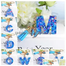 Chaveiros Initialletter Chaveiro Resina Azul Amor Handmade Cristal Epoxy Borla Borla Pingente Para Mulheres Meninas Gota Entrega Jóias Dhh0W