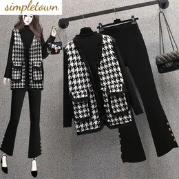 Plaid Splice Gestrickte Weste Pullover Langarm T-shirt Bellbottoms Drei Stück Elegante Damen Hosen Set Herbst Outfits 231229