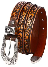 Mode Two Tone Luxury Cowboy Cowgirl Wtern Tooled Floral Prossed Grain äkta Cowhide Läderbälte för män Women8911844