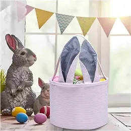 Nya festgåvor Easter Bunny Basket Bag Seersucker äggväskor med handtag som bär gåva handväska kanin leksaker godis hink tote för barnfest