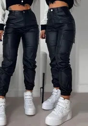 Kvinnor Long Cargo Pant Personlig Street Trends Pocket Design Cuffed Pu Leather Pants Autumn Winter High midja 231229