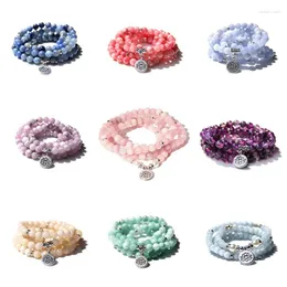 Strand Buddhism 108 Beads Mala Bracelets Women Yoga Prayer Lotus Charm Pulsera 8 Mm Natural Kunsite Chalcedony Stone Bracelet