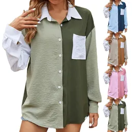 Blouses Femme Printemps Eté Casual Patchwork Chemises Dames Couleur Blocage Revers Manches Longues Blouse Femmes Surdimensionné Lâche Simple Boutonnage