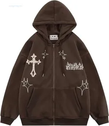 2024 Novo modelo Moletons masculinos com capuz Ponitrack Aesthetic Hoodie Y2k Hoodie gótico com capuz Flame Cross Print Roupas de rua feminino Super Dalian com capuz com zíper