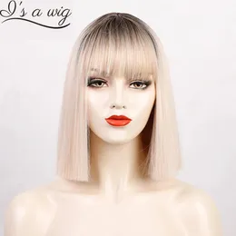 Perruques It's a Wig perruques synthétiques courtes et lisses pour femmes, perruques Bob ombrées avec frange résistantes à la chaleur pour une utilisation quotidienne en fête