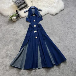 Amolapha женское летнее джинсовое платье с воротником поло в стиле ретро, полые джинсы с открытой передней частью и высокой талией 231230
