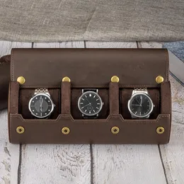 Anéis 1/2/3 slots relógio rolo caso de viagem portátil de luxo display couro relógio de pulso titular caixa armazenamento com slid in out organizador