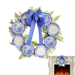 Decorative Flowers Blue Wreath Decor Wall Art With Bule Bow 15inch Entry Welcome Christmas White Porcelain Plate