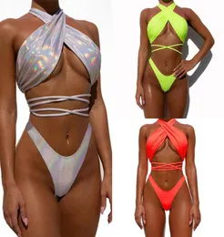 Conjunto de biquínis Hirigin Cossbody Bandage Two Piece Swuit Mulheres Swimwear Lantejoulas Halter Thong Bikini Acolchoado Maiô Maiô 20219717923