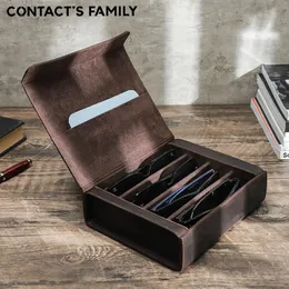 CONTACT'S FAMILY Sonnenbrillen-Aufbewahrungsbox aus echtem Leder mit 4 Fächern, handgefertigtes Retro-Reise-Glasetui mit magnetischer Schnalle, 231229