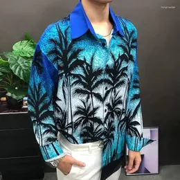 Mäns casual skjortor gradient kokosnöt mönster skjorta långärmad män streetwear camisa mode masculina hawaii social blå