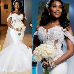 Plus Size Aso Ebi Brautkleider, Meerjungfrau, schulterfrei, Illusion, sexy Brautkleider für afrikanische arabische Nigeria, schwarze Frauen, Braut, abgestuftes Tüll-Hochzeitskleid D101