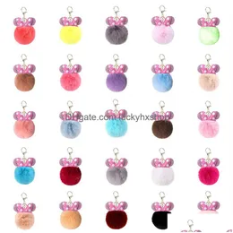 Key Rings Bow Ribbon Fur Lint Ball Keychain Ring Pendant For Girls Bag School Drop Delivery Jewelry Dh6Wo