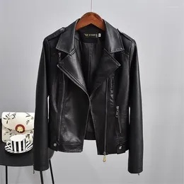 Women's Leather Autumn Slim Suit Collar Zipper Short Motorcycle Jacket Women Washed PU Coat Female Long Sleeves Outwear W195