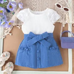 Комплекты одежды, коллекция 2024 года, комплект для маленьких девочек, летний детский кружевной топ в полоску с короткими рукавами, однотонная юбка в горошек