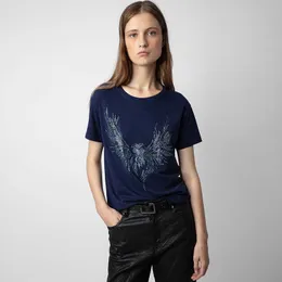 24 Early Spring New French Niche Zadig Voltaire2024 Phoenix Wings Hot Diamond Linen Royal Blue Women's Short Sleeved T-shirt