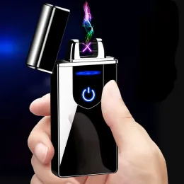 Windproof USB Electric Lighter Metal Finger Print Touch Fire Plasma Dual Arc Lighter Led Power Display Smoking Supply Men's Gift