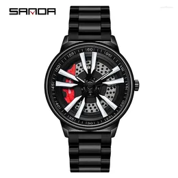 Armbandsur sanda 1111 roterande bilhjul ihålig ut 3D -design Dial Water Resistant Quartz Movement Fashion Men Wrist Analog Watch