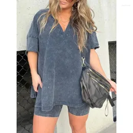 Women's Tracksuits Elegant Women Two Piece Set Loose Outfits Casual Fashion Short Sleeve V Neck Shirt Top Bodycon Shorts Suit Y2K Clothing