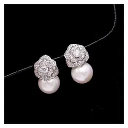 Stud Lovely Diamond Zircon Camillia Flower Pearl Earrings For Woman Girls Super Glittering Ins Fashion Luxury Designer 925 Sier Post DHP82