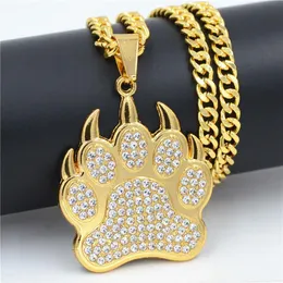 Hip Hop Bärentatze Fußabdruck Gold Anhänger Halsketten Anhänger Bling Bling Iced Out Kristall Halsketten Edelstahl Seil Kette333k