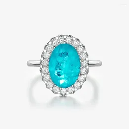 Cluster Rings Light Luxury 925 Sterling Silver Sparkling High Carbon Diamond 10 14mm Synthetic Paraiba Tourmaline Women's Jewelry Ring