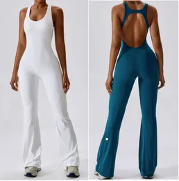 LL-8117 kvinnor jumpsuits en bit yoga kläder klockbotten byxor ärmlös nära passande dans jumpsuit träning lång andningsbar 54