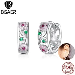 Huggie BISAER Pink Flowers Hoop Earrings Real 925 Sterling Silver Colorful Zircon Round Earring For Women Romantic Jewelry Fine EFE403