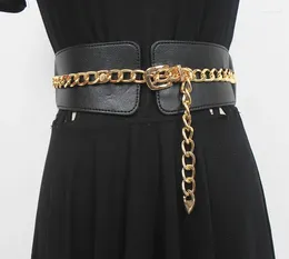 Bälten Kvinnor Runway Fashion Pu Leather Elastic Chain Cummerbunds Female Dress Corsets Waistband Decoration Wide Belt R501