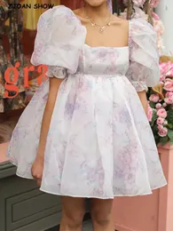 Kleider 2022 Prinzessin Rosa Tie Dye Farbige Blumendruck Organza Ballkleid Kleid Puffärmel Frauen Swing Mini Kleider Fee Robe Vestidos