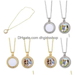 Collane con ciondolo Collana in bianco con sublimazione di diamanti Girevole su doppia faccia Trasferimento di calore in metallo Fai da te Gioielli di moda Regalo Drop Delive Dhdhw