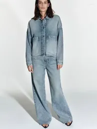 Pantalones de dos piezas para mujer de alta calidad 2023 otoño cómodo parche suelto decoración de bolsillo lavada camisa de mezclilla chaqueta traje de cintura alta