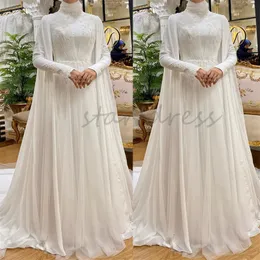 Elegantes muslimisches Chiffon-Hochzeitskleid 2024 Prinzessin Boho Weiß Dubai Arabische Brautkleider Spitzenapplikation Country Garden Robe De Mariage Islamisches Brautkleid Langarm