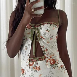 Tanques femininos Maemukilabe Chic Floral Print Lace Trim Crop Top Front Tie Up Bow Split Spaghetti Straps Camis Mulheres Y2K Vintage Backless Vest