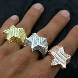 Mens 3D Star 14K Gold Plated Copper Rings Bling Iced Out CZ Stone Star Shape Ring Gold Silver Rosegold Hiphop Jewelry258s