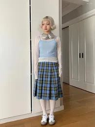 Skirts Cotton Retro Cute Scottish Pleated Skirt Slimming Korean Stly High Waist A-Line Blue Plaid Fresh Vintage Y2k Ching