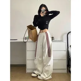 Mulheres perna larga listra cintura alta cordão calças esportivas sólido casual baggy calças de carga haruku joggers streetwear