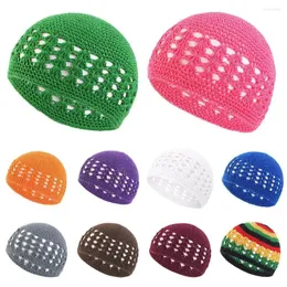 Berets de malha crochê gorro chapéus moda cor sólida artesanal kufi chapéu elástico winer quente algodão crânio boné para muçulmano