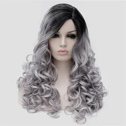 Parrucche Nuova parte di medio radici nere lunghe ombre grigio/viola spirale onde profonde parrucche