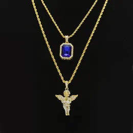 Mens Hip Hop Jewelry sets Mini Square Ruby Sapphire Full crystal Diamond Angel wings pendant Gold chain necklaces For male Hiphop 229e