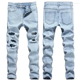 Jeans masculinos tamanho grande 40 42 Europa estilo de moda homens jenas calças jeans impresso listra buraco calças magras magro azul para marido 058