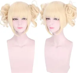 파티 공급 내 보쿠 No Hero Academia Akademia Himiko Toga Wigs Short Light Blonde Clip Buns Heatt Resistant Cosplay 의상 가발 C110
