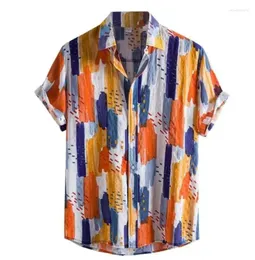 Men's Casual Shirts 2023 Art Short Sleeve Shirt Four Sides Elastic 3D Digital Printed Striped Pattern American Style Gentleman